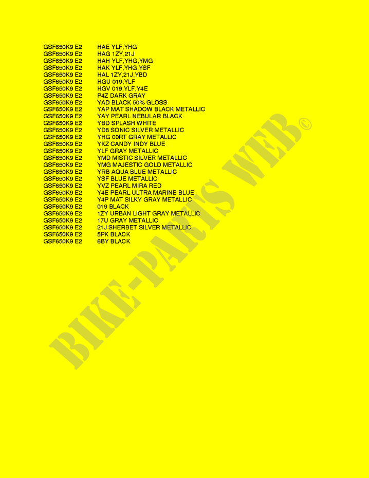 * COLOR CHART * для  Suzuki BANDIT 650 2010