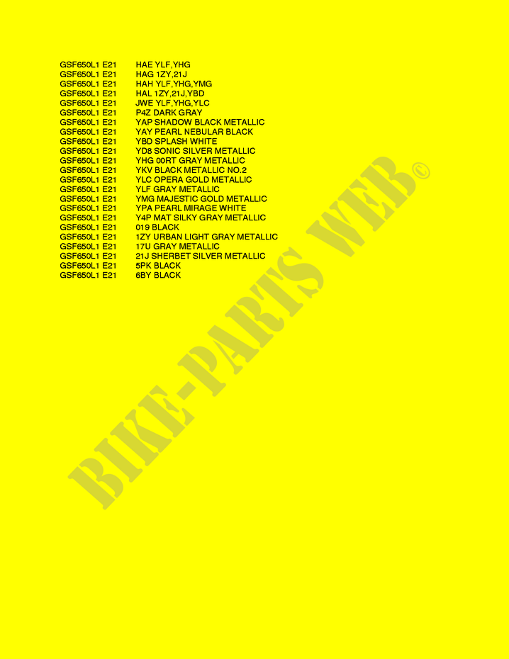 * COLOR CHART * для  Suzuki BANDIT 650 2011